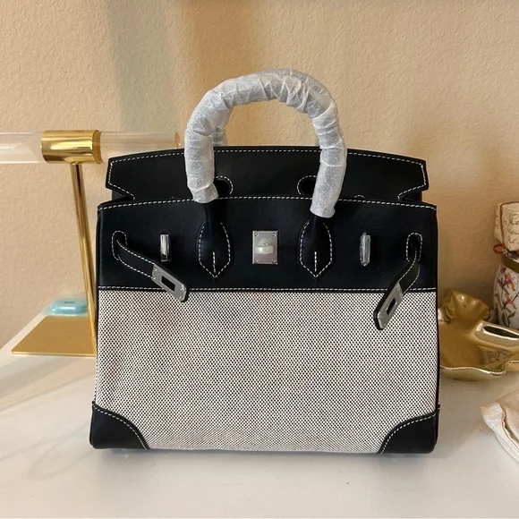 25cm Leather & Canvas Combo Black Satchel